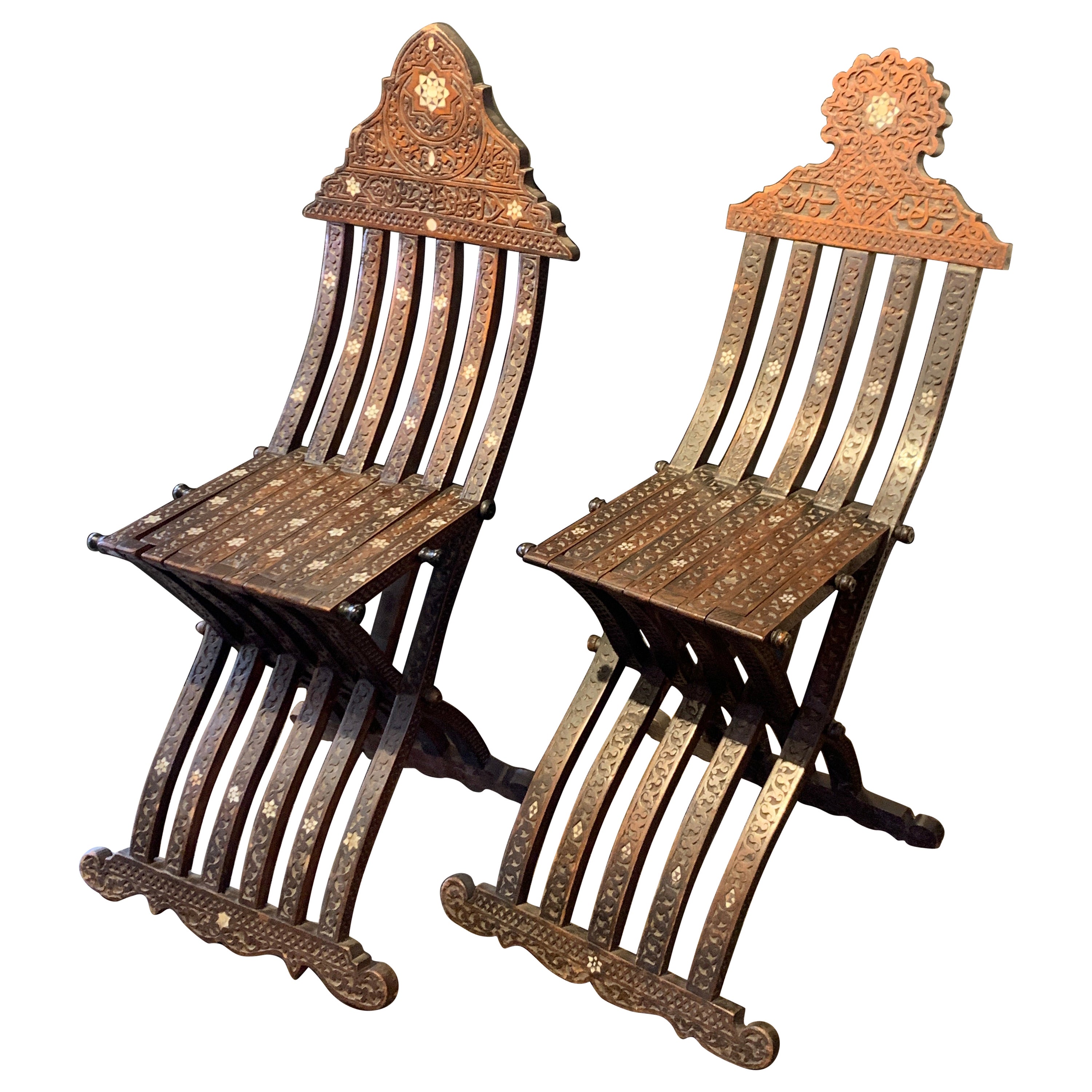 Pair Antique Syrian Moorish Inlaid Folding Chairs, Late 19th Century, Syria For Sale