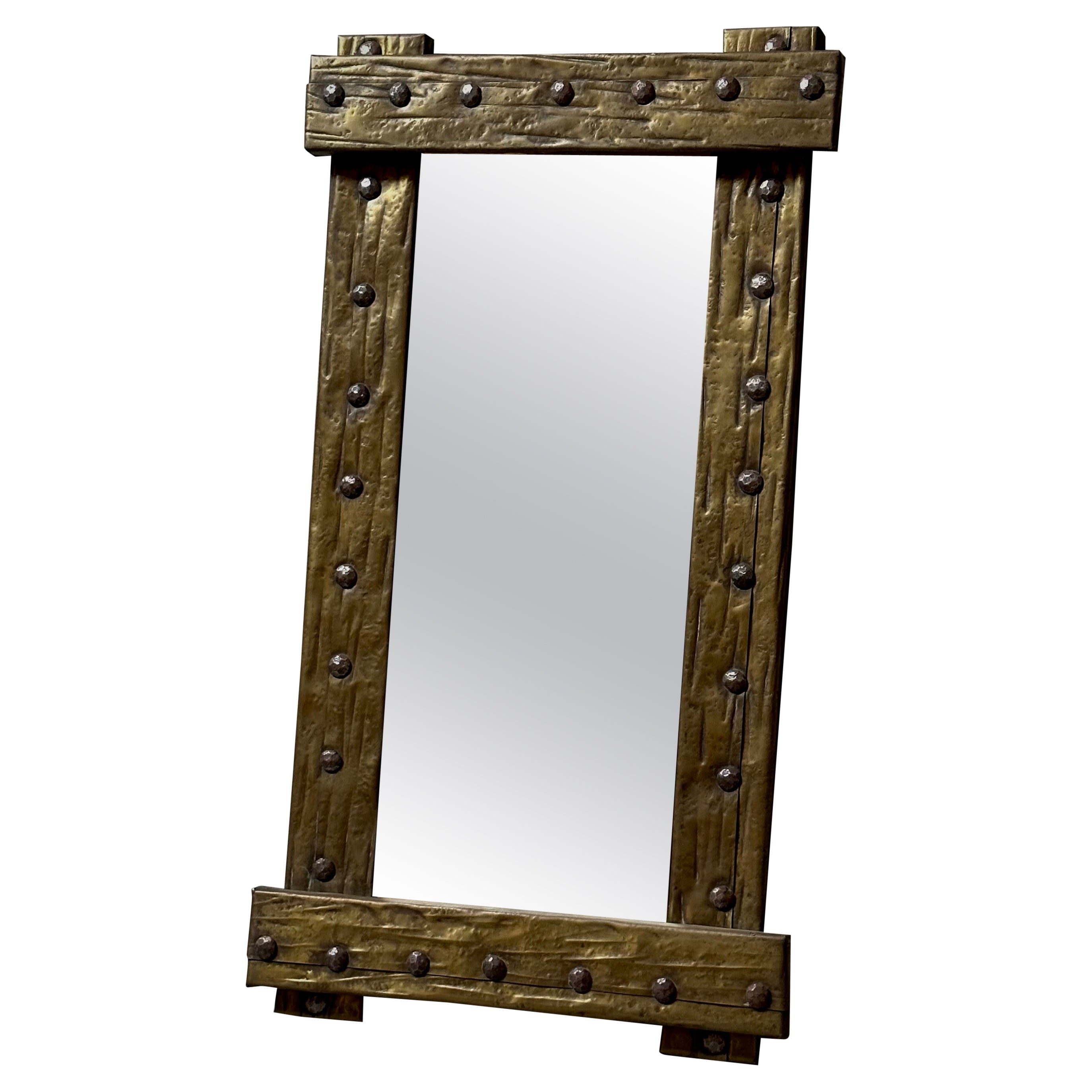 Small Brutalist Mirror with Hammered Copper and Brass Frame For Sale