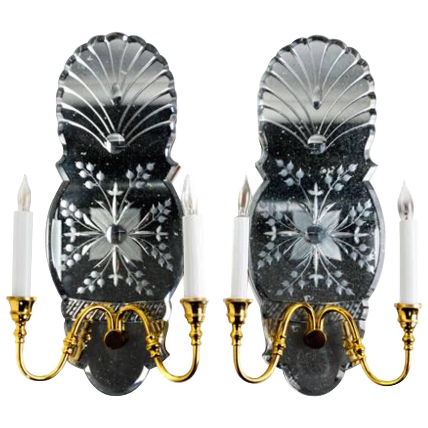 Pair of Venetian Glass Two-Light Sconces Beautifully Etched On Antiqued Mirror.