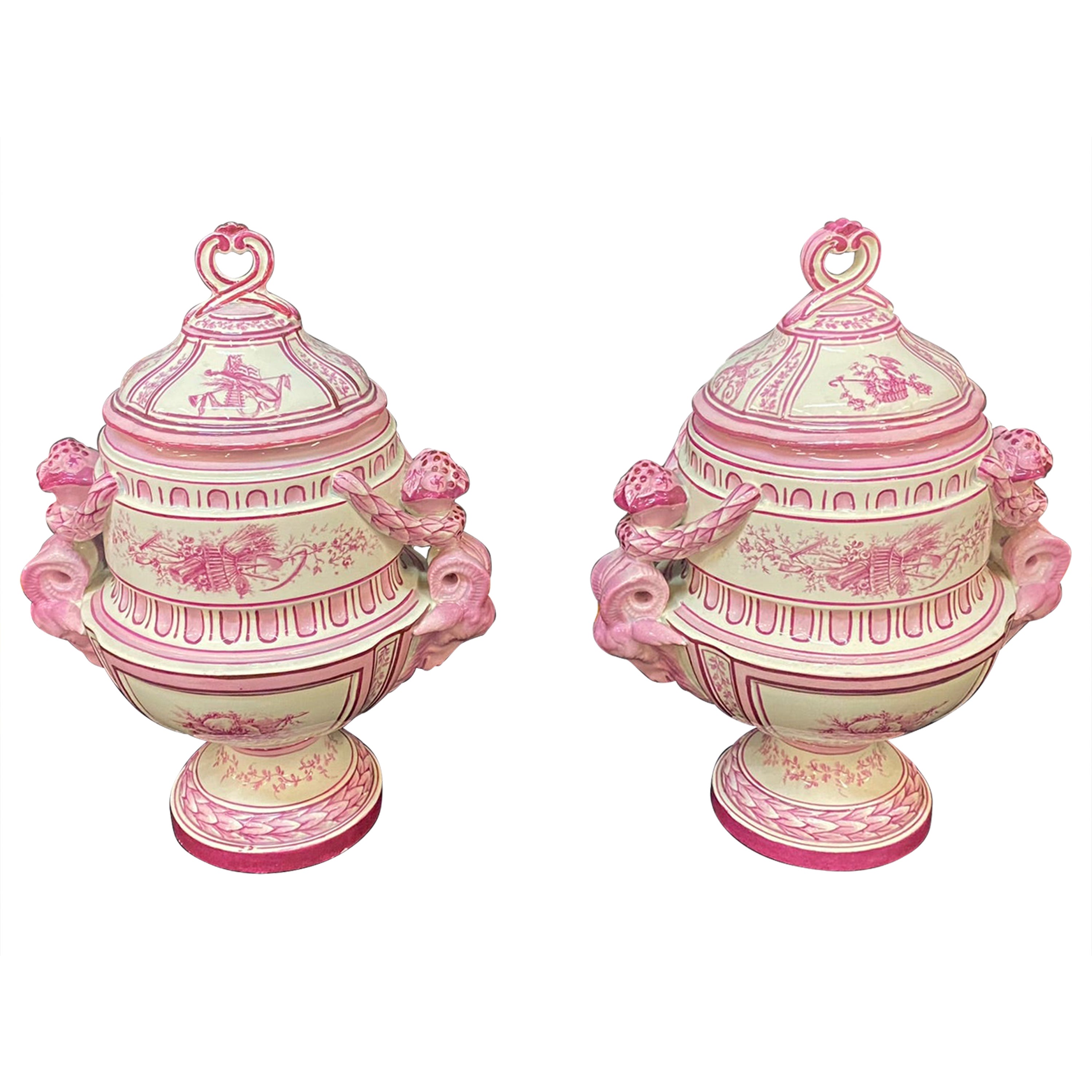 Gien, Pair of Covered Jars Decorated in Pink on a Cream Background For Sale