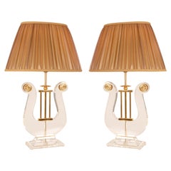 Vintage High End Lucite Crystal Glass Gold Gilded Bronze Table Lamps a Pair