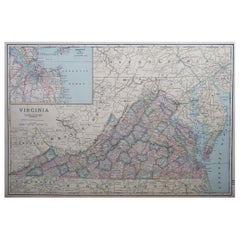 Large Original Antique Map of Virginia, USA, circa 1900