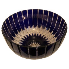 Retro Large Cobalt Bohemian Czechoslovakian Cut Crystal Punch Bowl or Centerpiece Bowl
