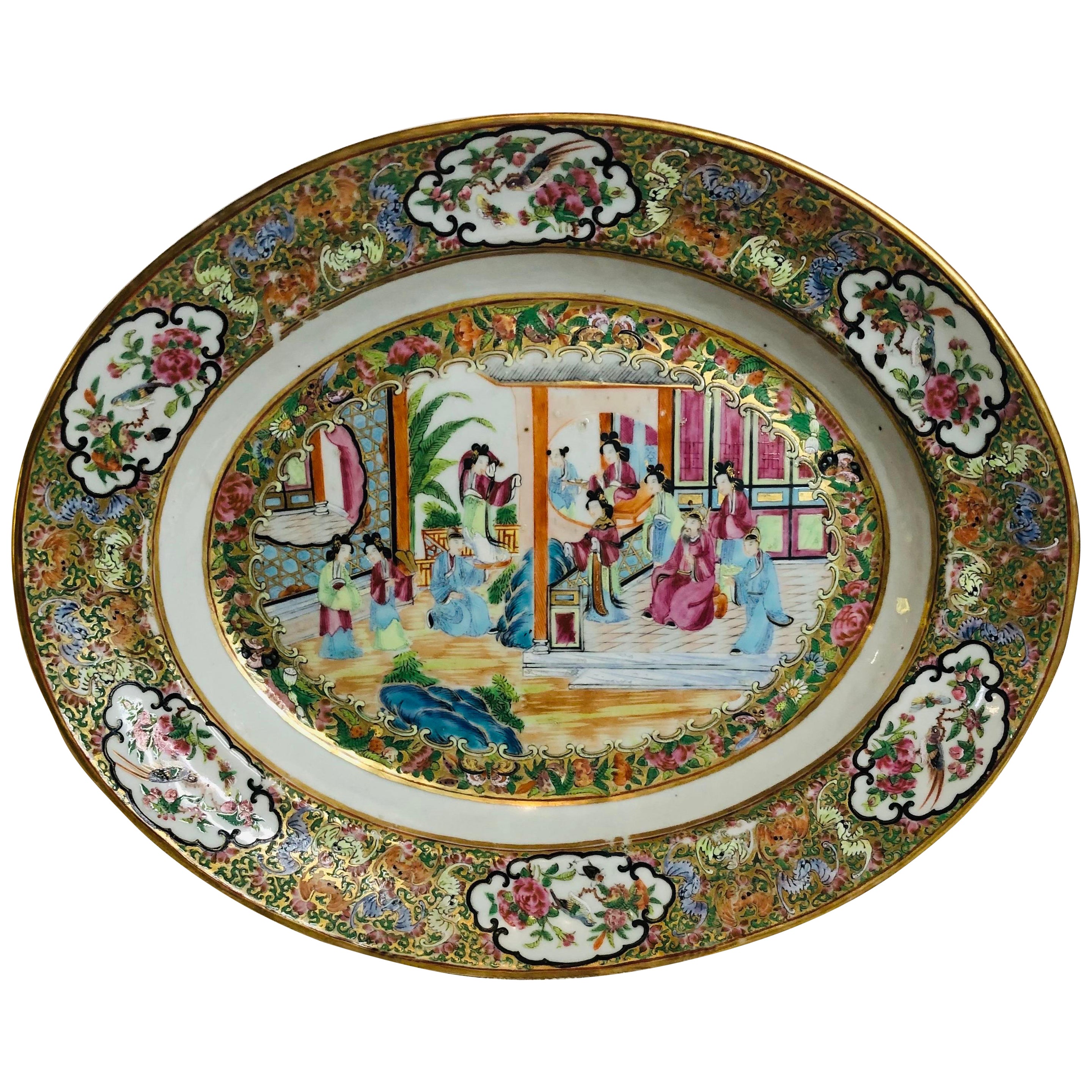 Rose Canton Chinese Export Platter Painted with Gold and Enamel Decoration For Sale