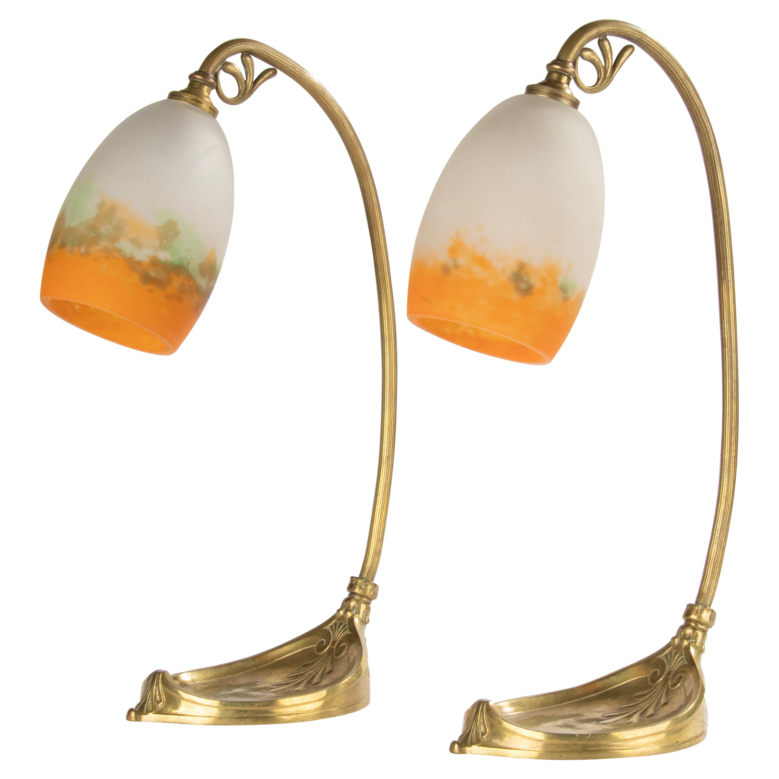 Art Nouveau Period Pair Brass Table Lamps Pate Glass Muller Frères For Sale