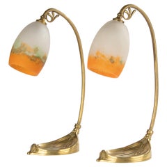 Antique Art Nouveau Period Pair Brass Table Lamps Pate Glass Muller Frères