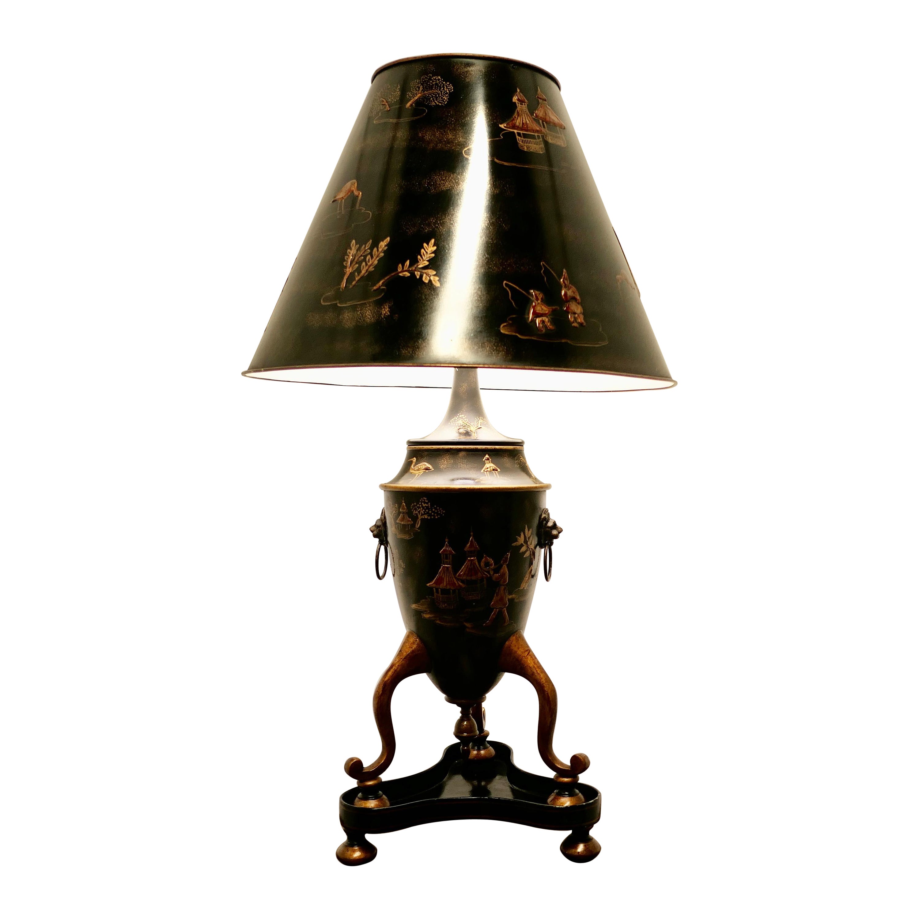 Very Large Black, Gold and Red Chinoiserie Toleware Table Lamp For Sale