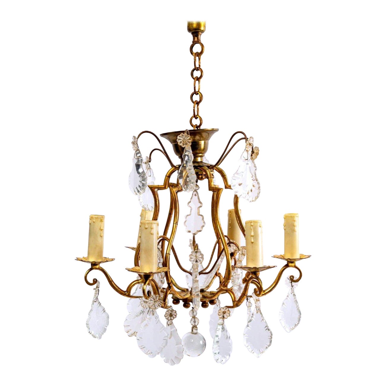 Bronze Cage Chandelier and Crystal Pendants, Six Lights, Style Louis XV, 20th For Sale