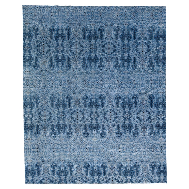Modern Handmade Wool Rug with Allover Design in Blue For Sale at 1stDibs