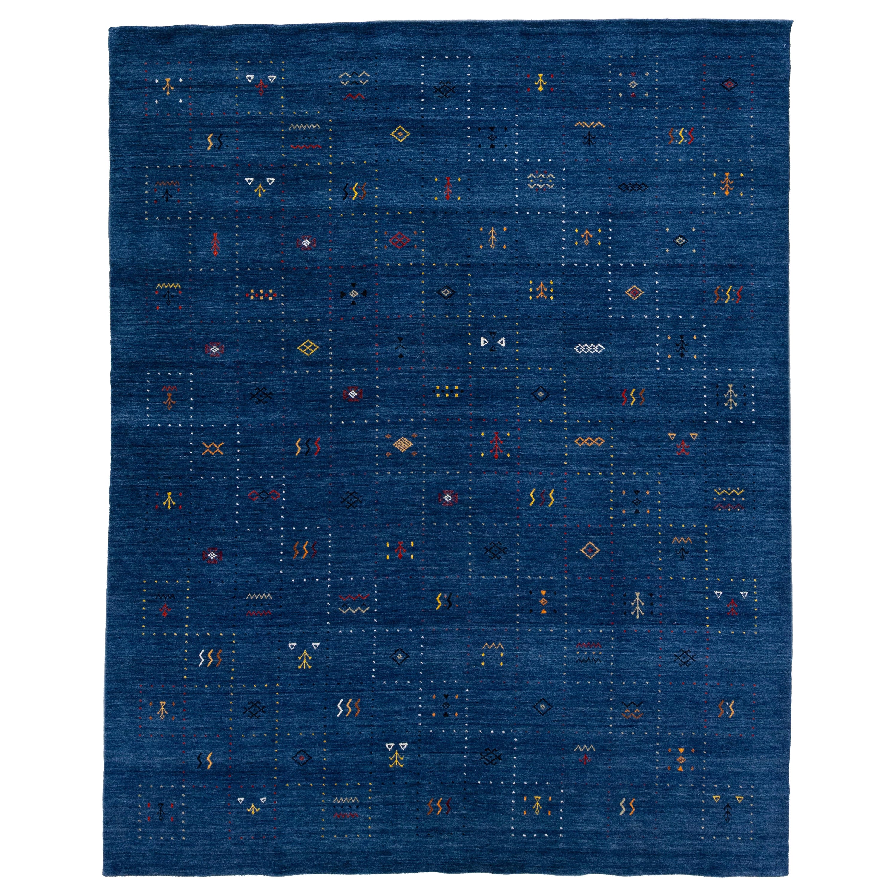 Dark Blue Wool Gabbeh Style Area Rug with Tribal Elements at 1stDibs