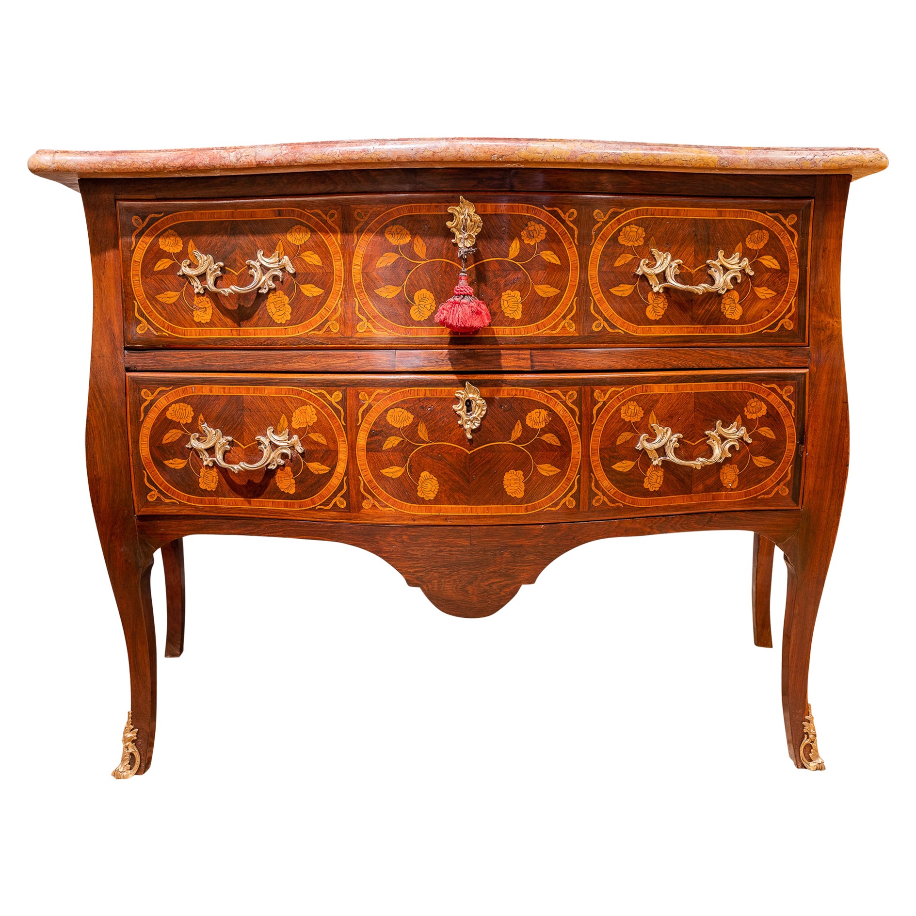 Fine 18th Century Marquetry Marble Top and Gilt Bronze Marble Top Commode