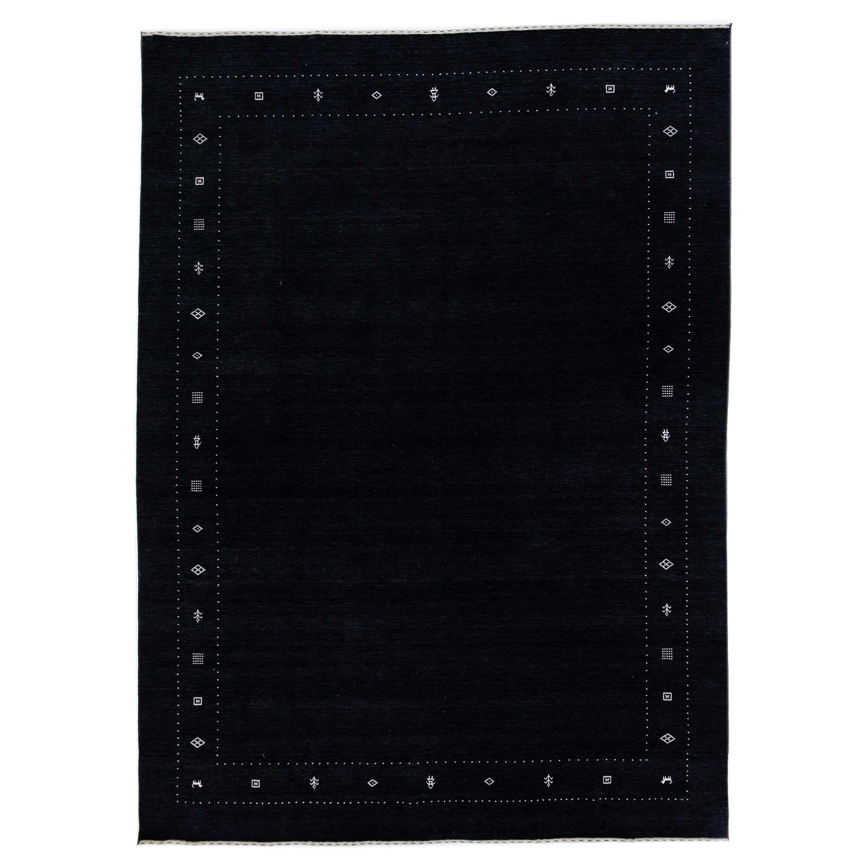 Handmade Modern Minimalist Gabbeh Style Wool Rug with Black Color Field For Sale