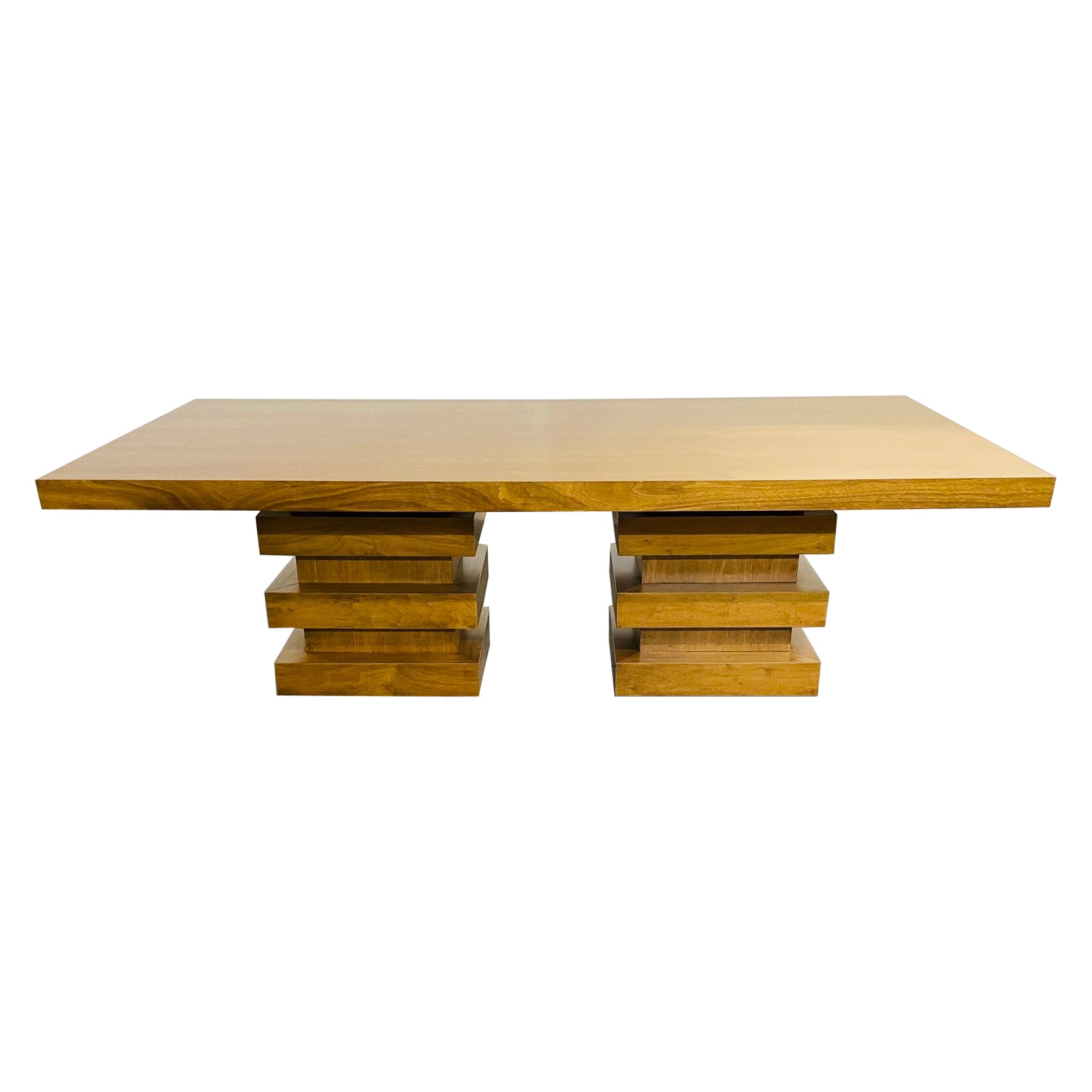 Table de conférence ou de salle à manger moderne à double piédestal en chêne, design géométrique