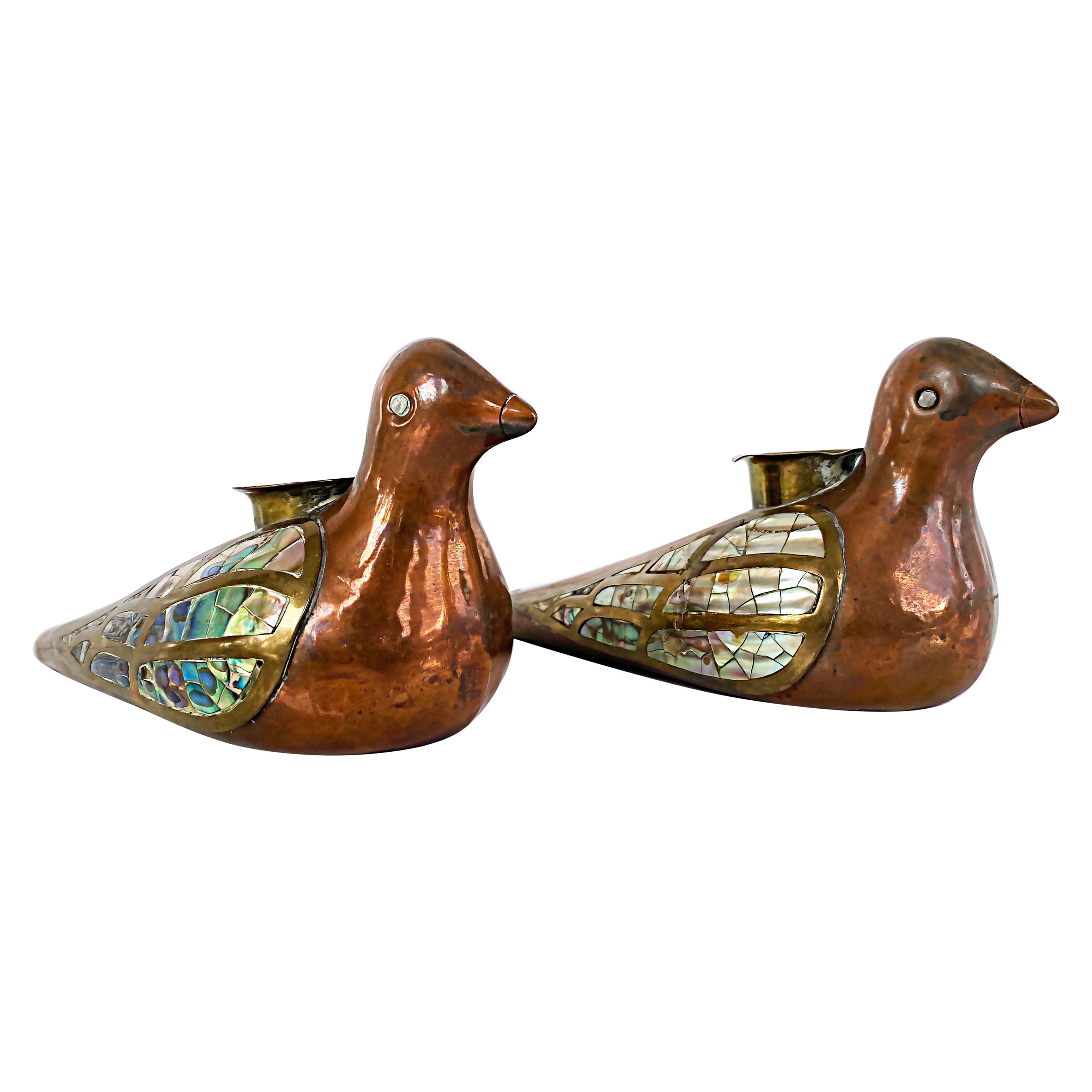 Mexican Mid-century Brass Copper Abalone Bird Candlesticks, Pair