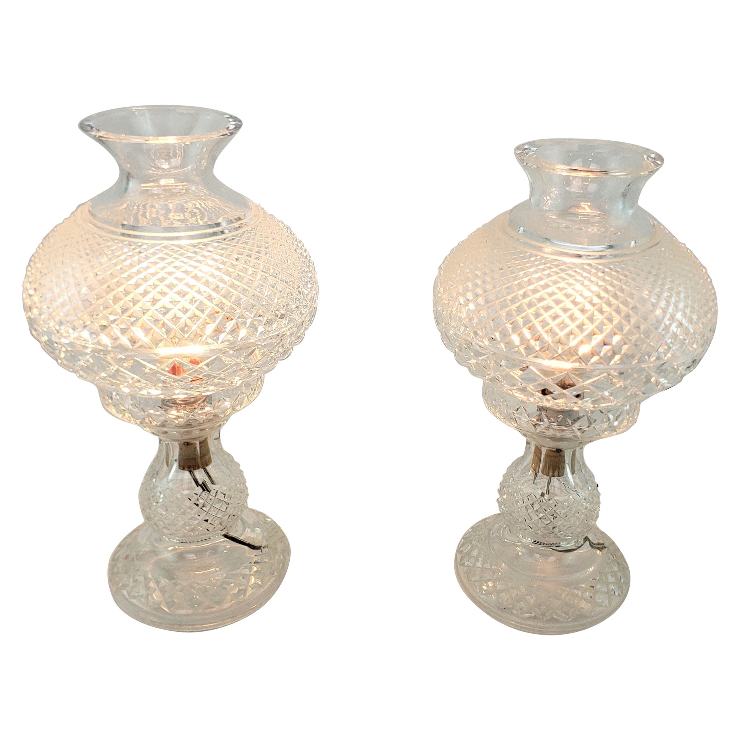 Pair of Antique Waterford Crystal Alana Inishmaan Hurricane Table Lamps For Sale