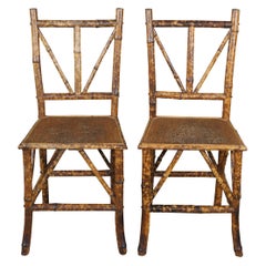 2 Antique Early 20th Century Scorched Bamboo Side Chairs Rattan Seat Boho Chic
