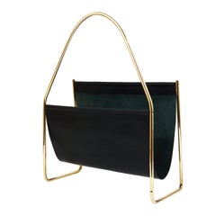 Carl Auböck Porte-revues Midcentury, laiton et cuir noir, Vintage, Autriche