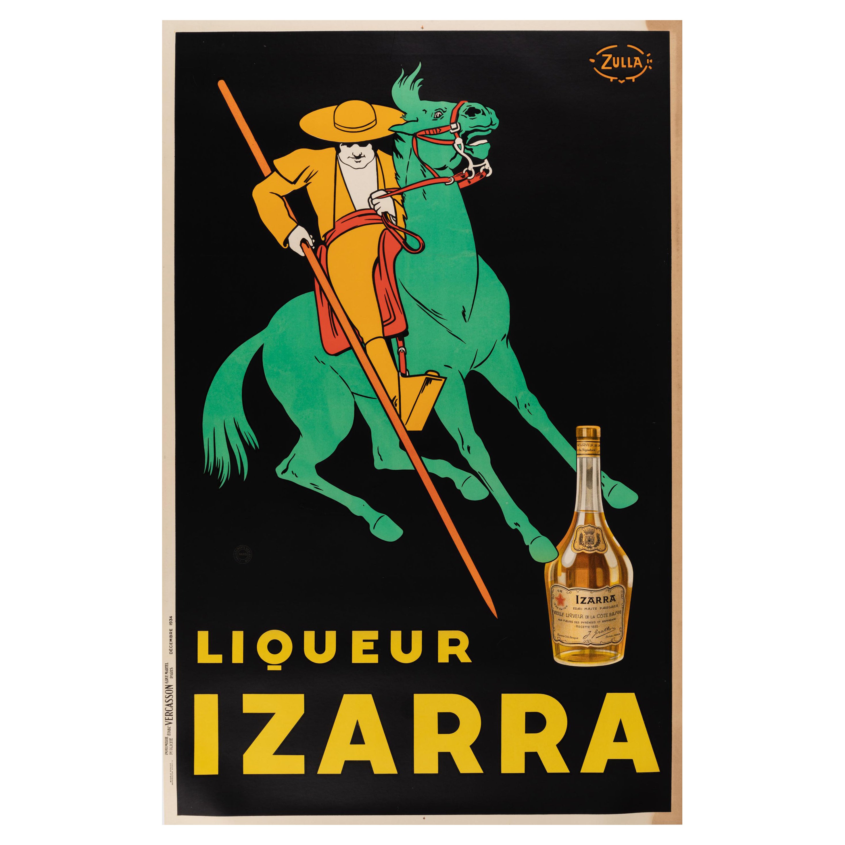 Zulla, Original Vintage Poster, Izarra Liquor, Basque Country, Armagnac, 1934 For Sale
