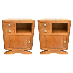 Pair of Art Deco Limed Oak, Carved Oak Marble Topped Nightstands with Two Drawer