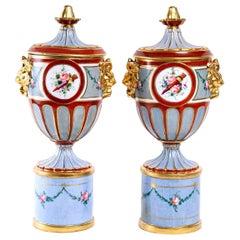 Pair of Covered Vases, Polychrome Earthenware with Gold Highlights, Empire