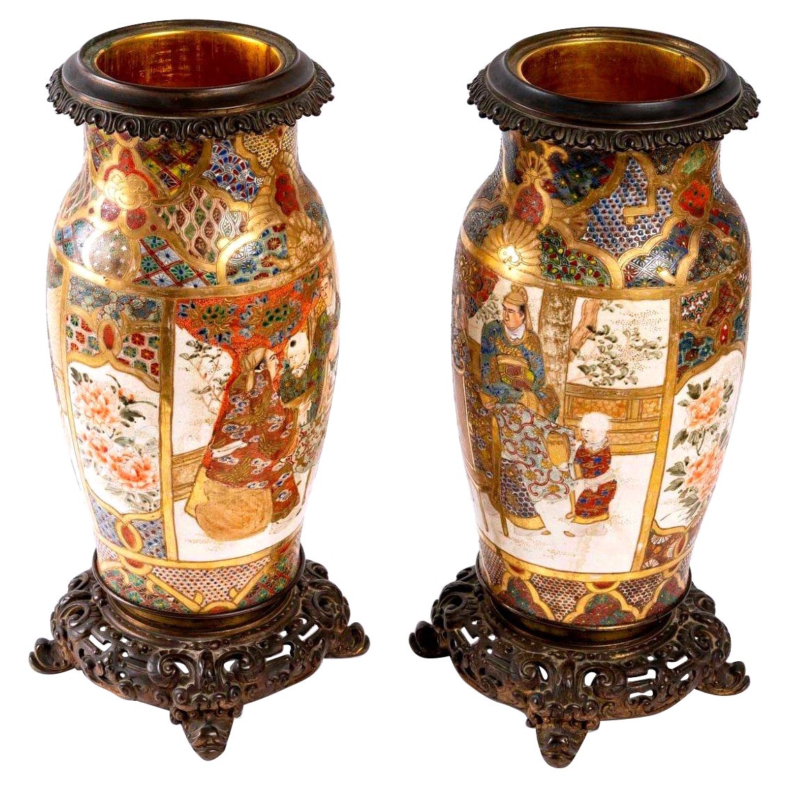 Pair of Satsuma Ceramic Vases Mounted on French Bronze, Period: Meiji, 19th For Sale