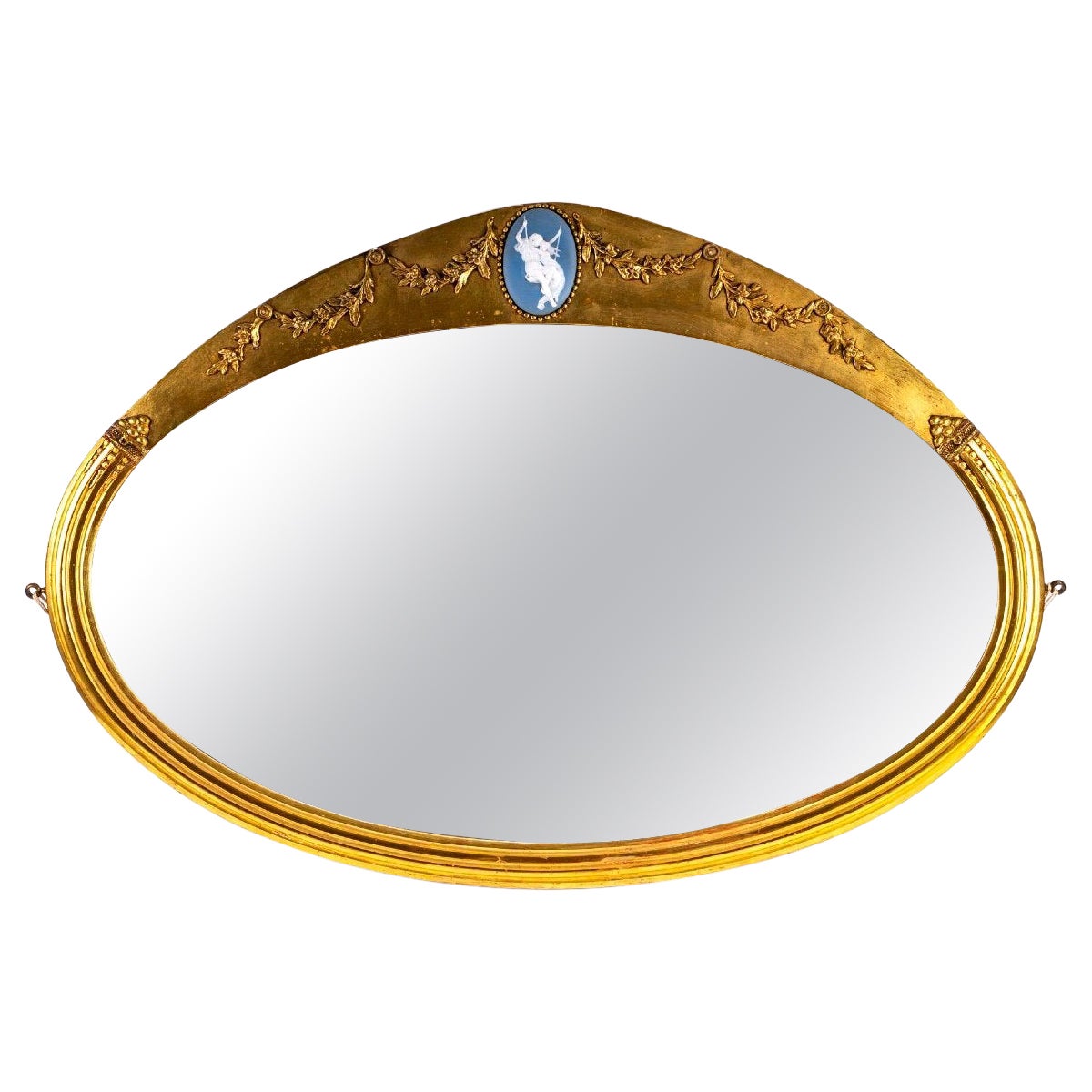 Golden Wood Mirror-Beveled Ice-Wedgwood Blue Jasper Porcelain Medallion For Sale