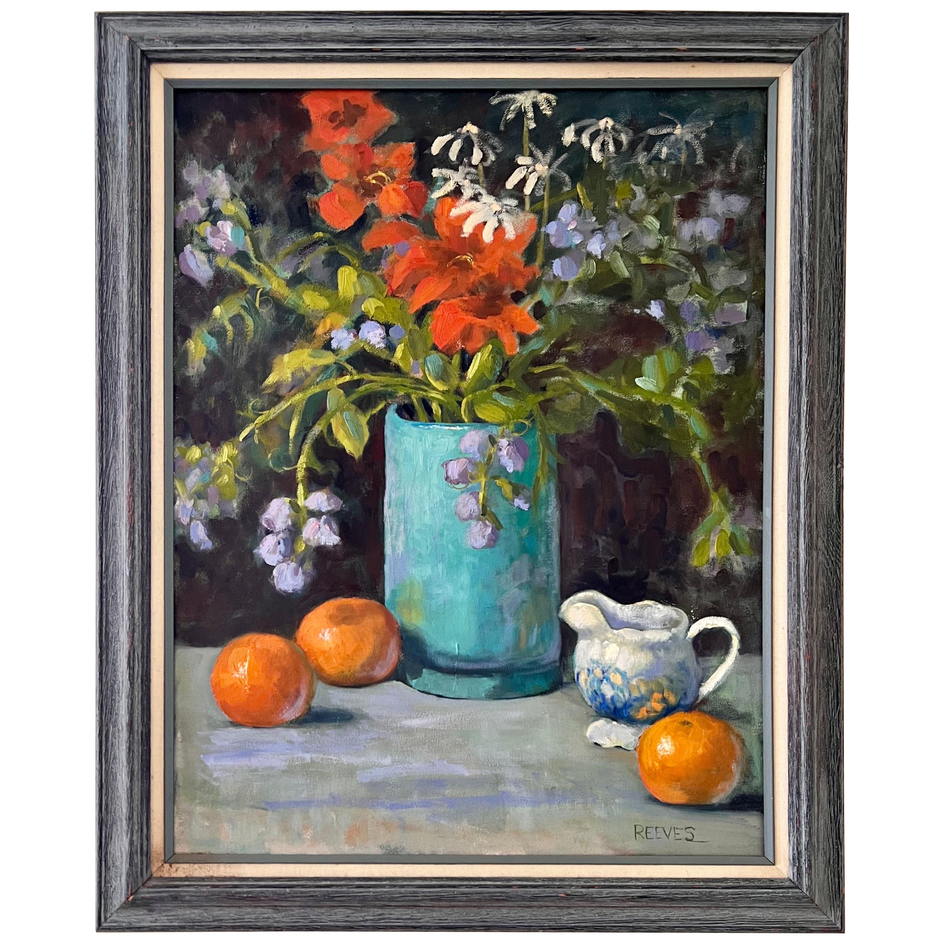 Original Signed Carol Reeves Vintage Still Life Painting Oranges & Flowers For Sale