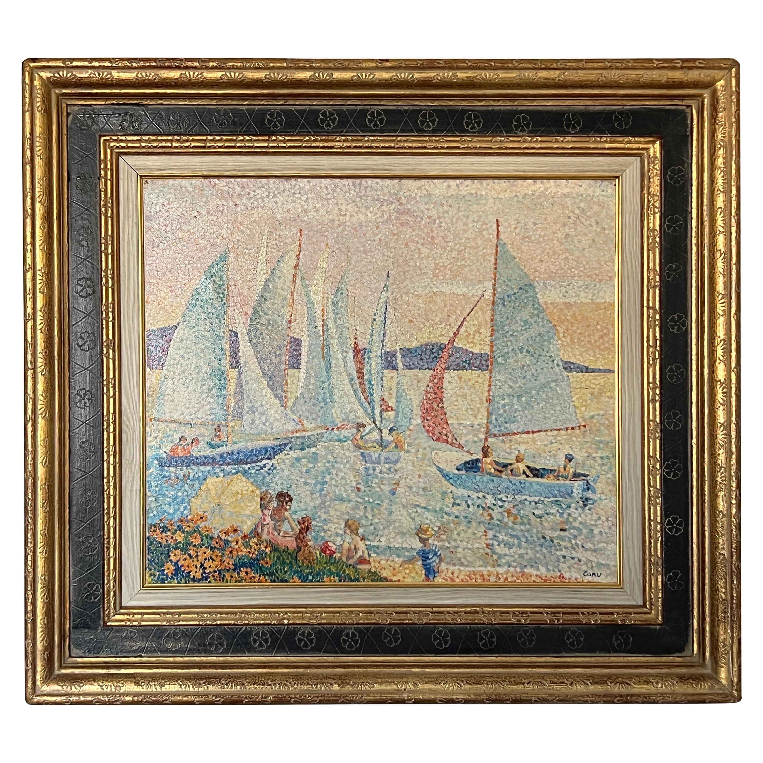 Yvonne Canu “Les Regates” French Pointillist Impressionist School Harbor Oil For Sale