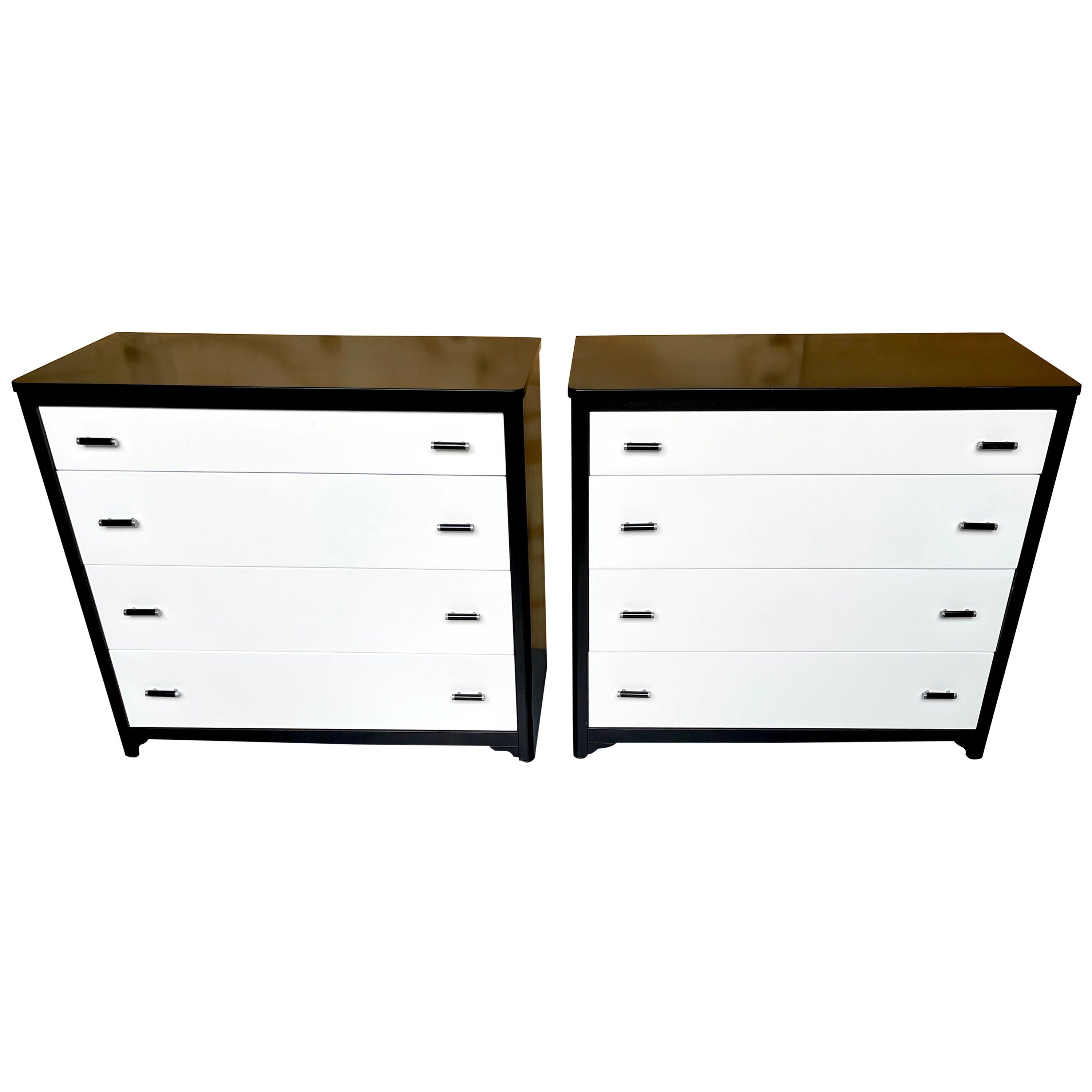 Pair Moderne Black & White Lacquered Steel Chests by Norman Bel Geddes, Restored