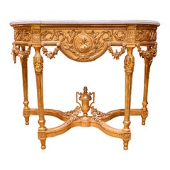 Fine 19th Century French Louis XVI Water Gilt Carved Console, Carrara Marble Top