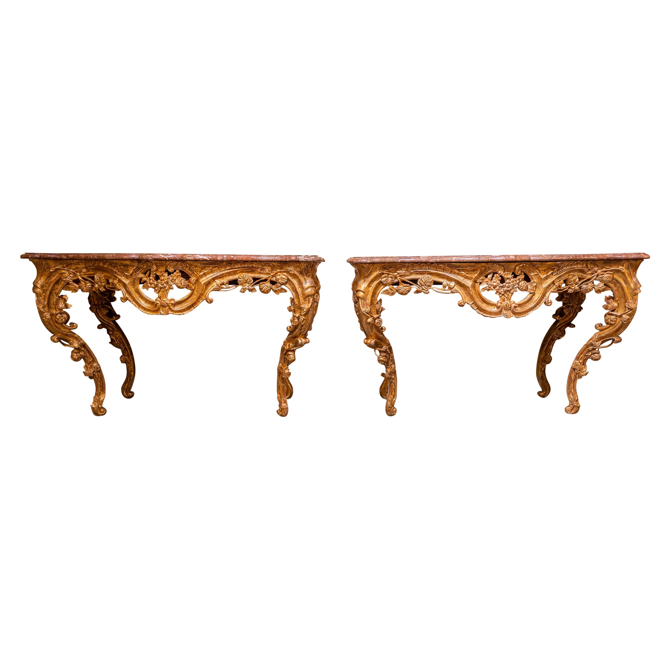 Fine Pair of 19th Century Italian Louis XV Carved and Gilt Marble Top Consoles For Sale