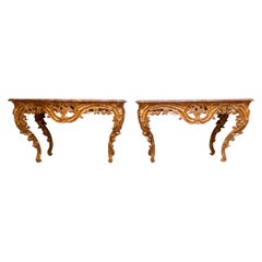 Fine Pair of 19th Century Italian Louis XV Carved and Gilt Marble Top Consoles