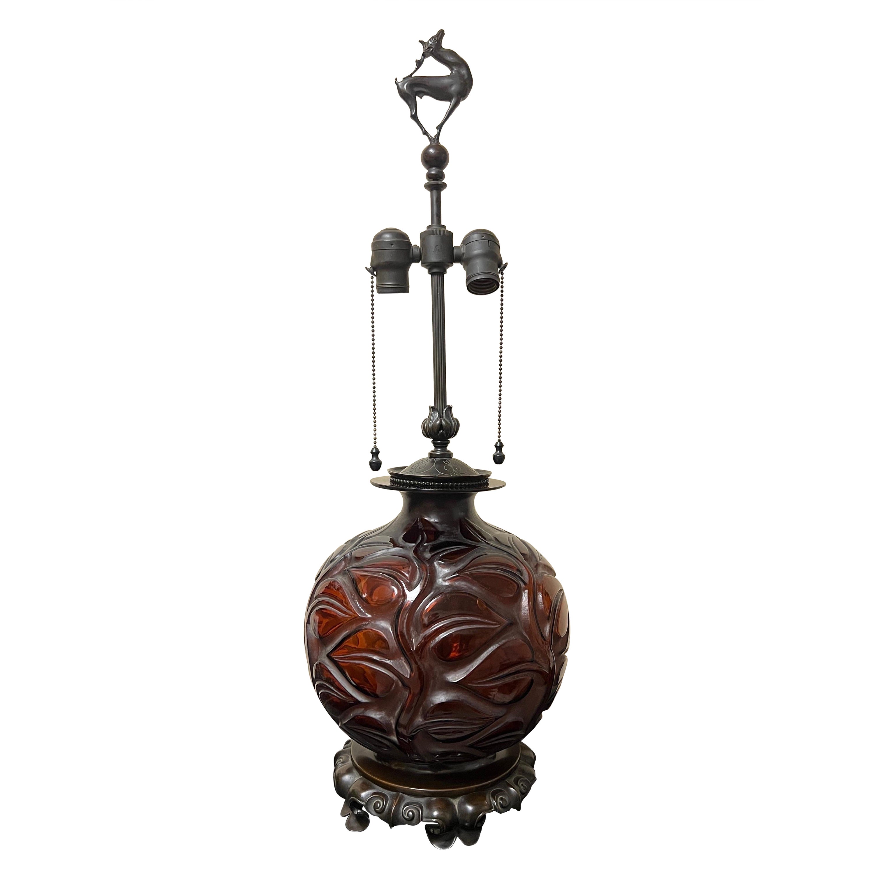 Rene Lalique “Sophora” Amber Glass & Bronze Mounted Table Lamp, circa 1926 For Sale