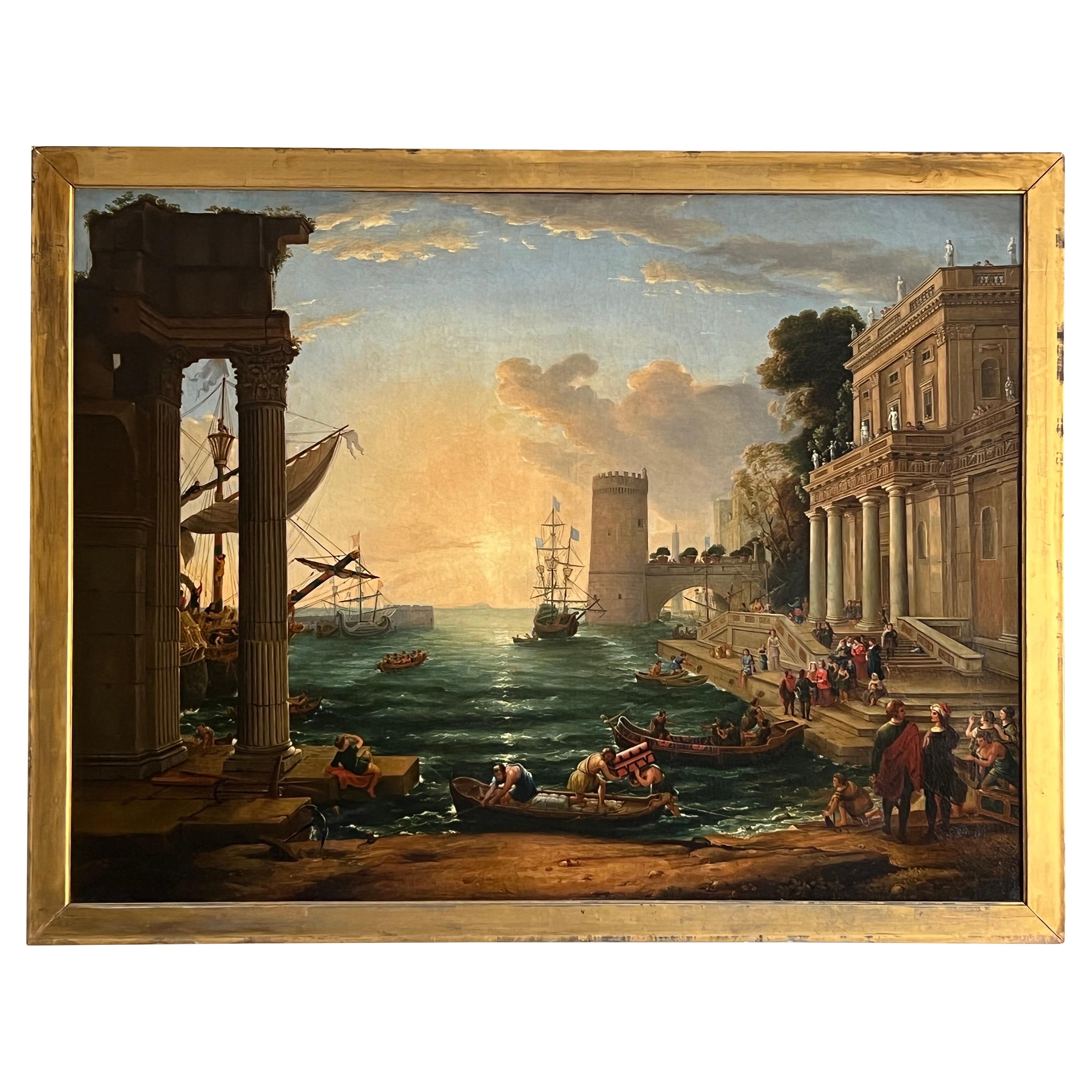 19th C., After Claude Lorrain “Embarkation of the Queen of Sheba” Oil on Canvas For Sale