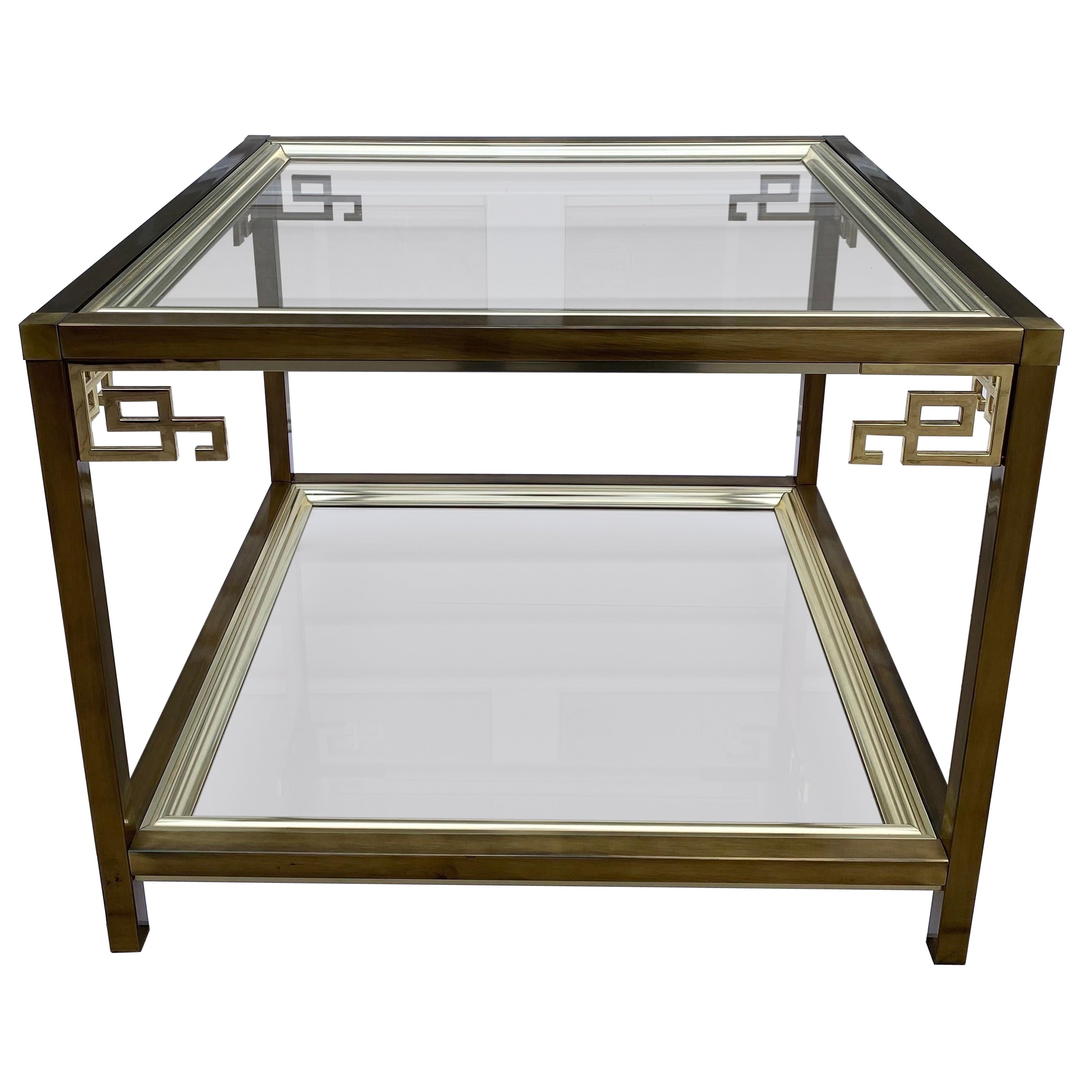 Mastercraft Greek Key Brass Coffee or End Table with Two Tier Smoked Glass Top For Sale