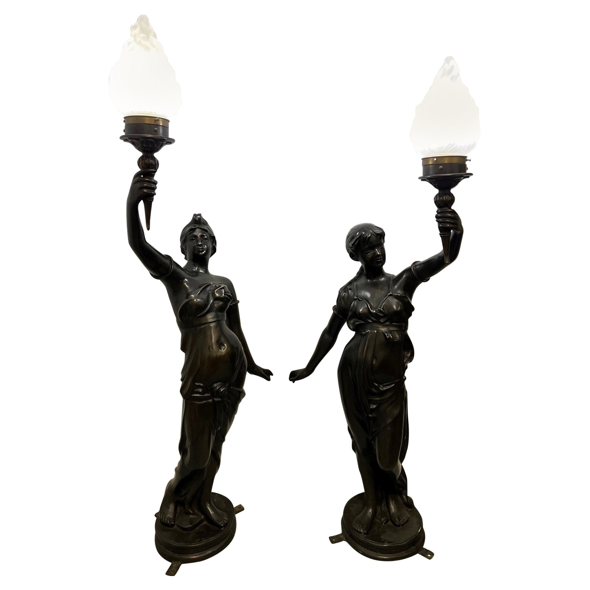 Pair of Bronze Woman Torcheres  For Sale