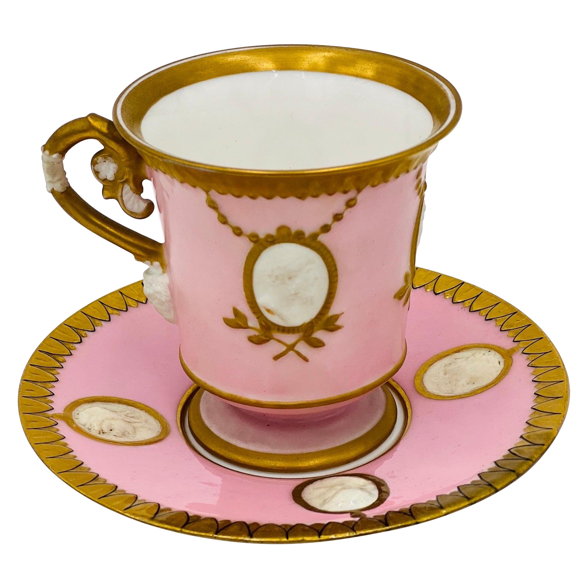 Rare Old Paris Empire Style Classical Teacup & Saucer w/ Bisque Faces & Ram Head For Sale