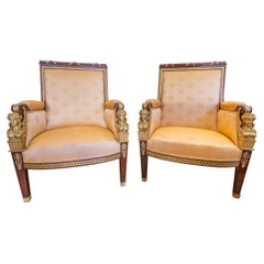 Fine and Large Pair of 19th C. Empire Mahogany and Gilt Bronze Mounted Bergeres