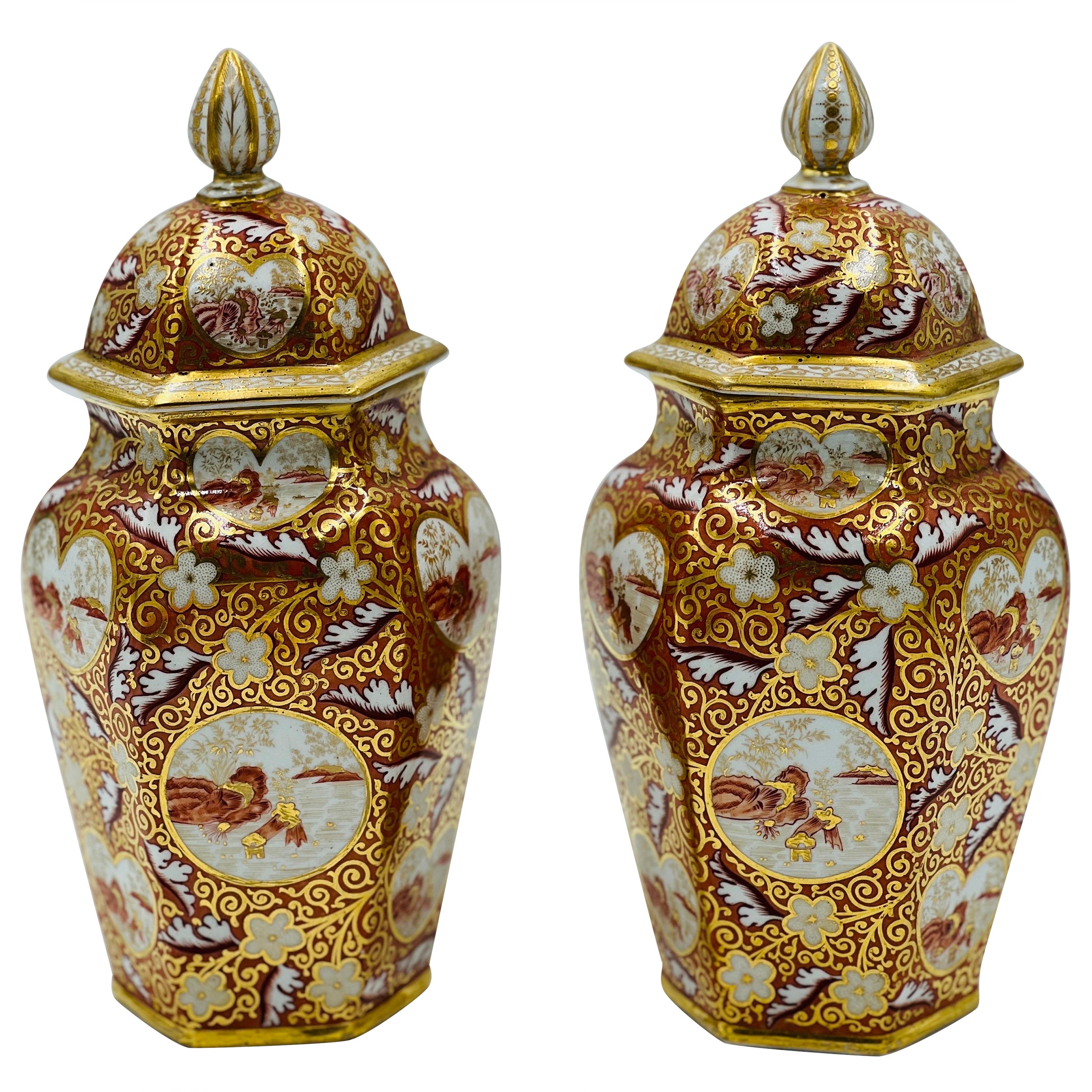 Pair, 19th Century English Japonesque Porcelain Lidded Urns Exc 10.25” For Sale