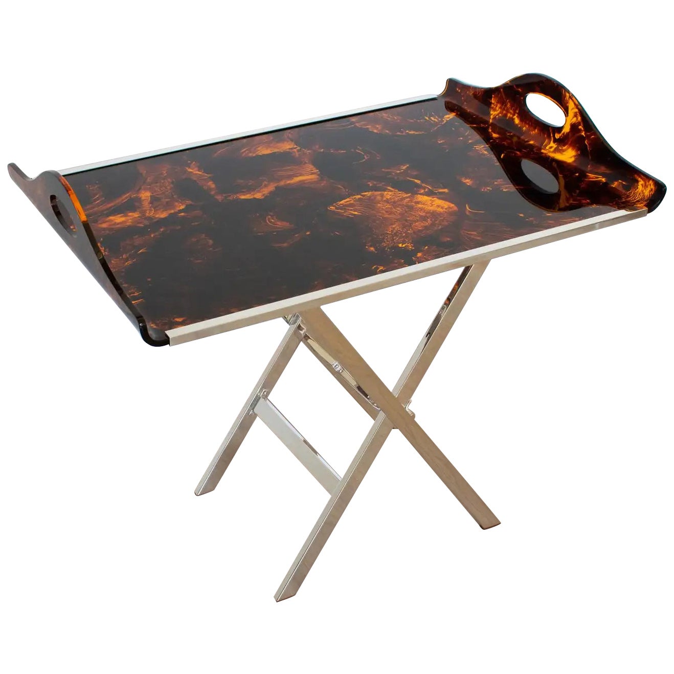 Christian Dior Folding Tray Table Tortoiseshell Lucite and Silver Plate, 1960s For Sale