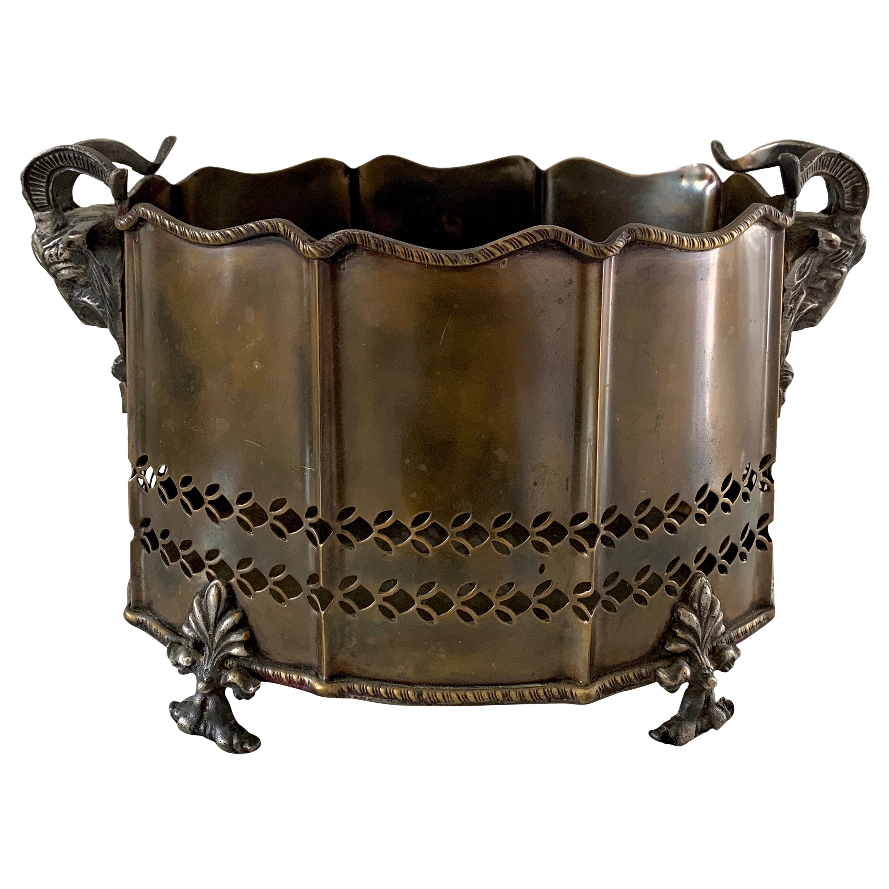 Neoclassical Brass Cachepot Planter with Ram's Heads For Sale