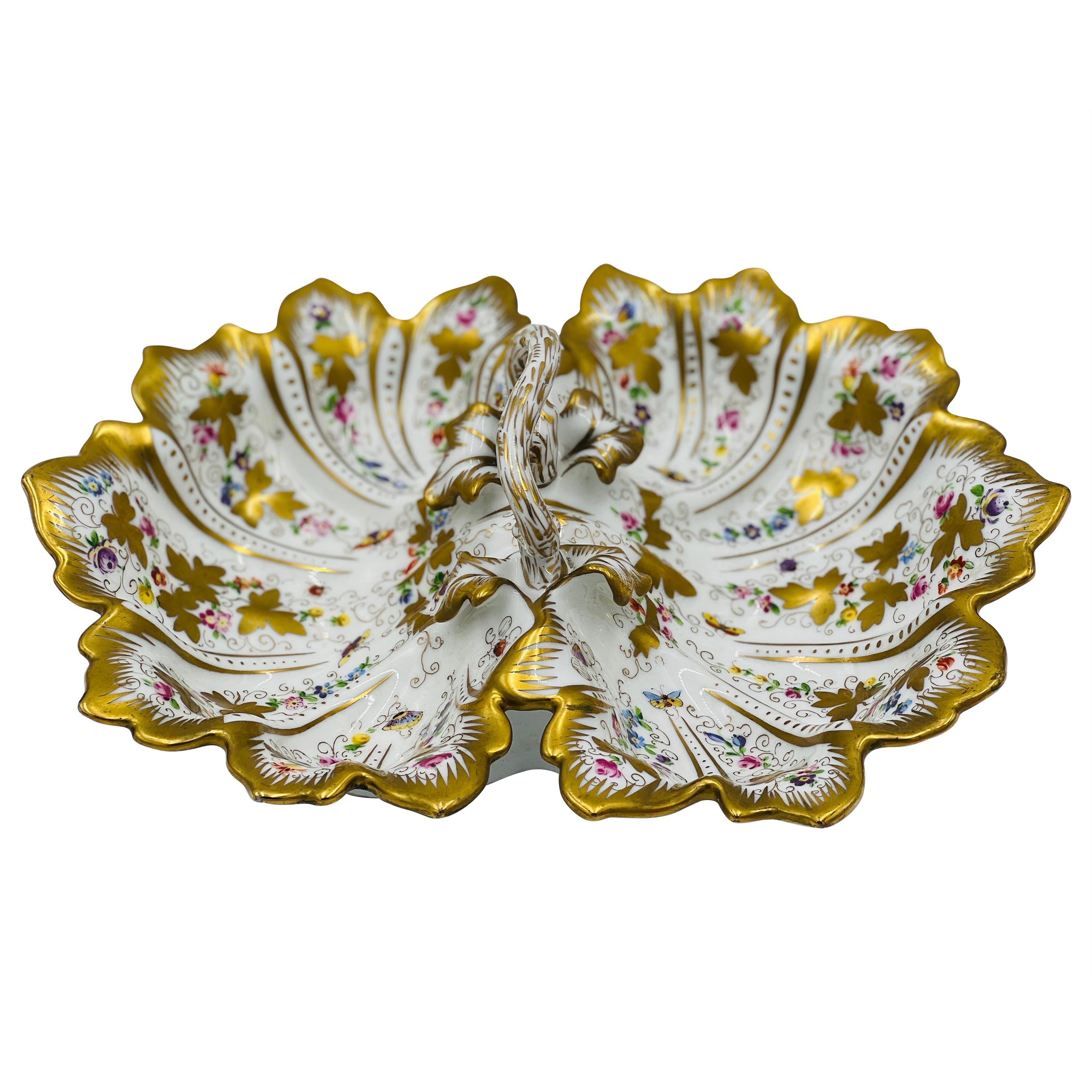 Antique Ornate CT Carl Tielsch Germany Floral Divided Handled Dish Herend Style For Sale