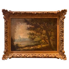 Peinture à l'huile sur toile du 19ème siècle représentant une femme avec des poulets dans un paysage