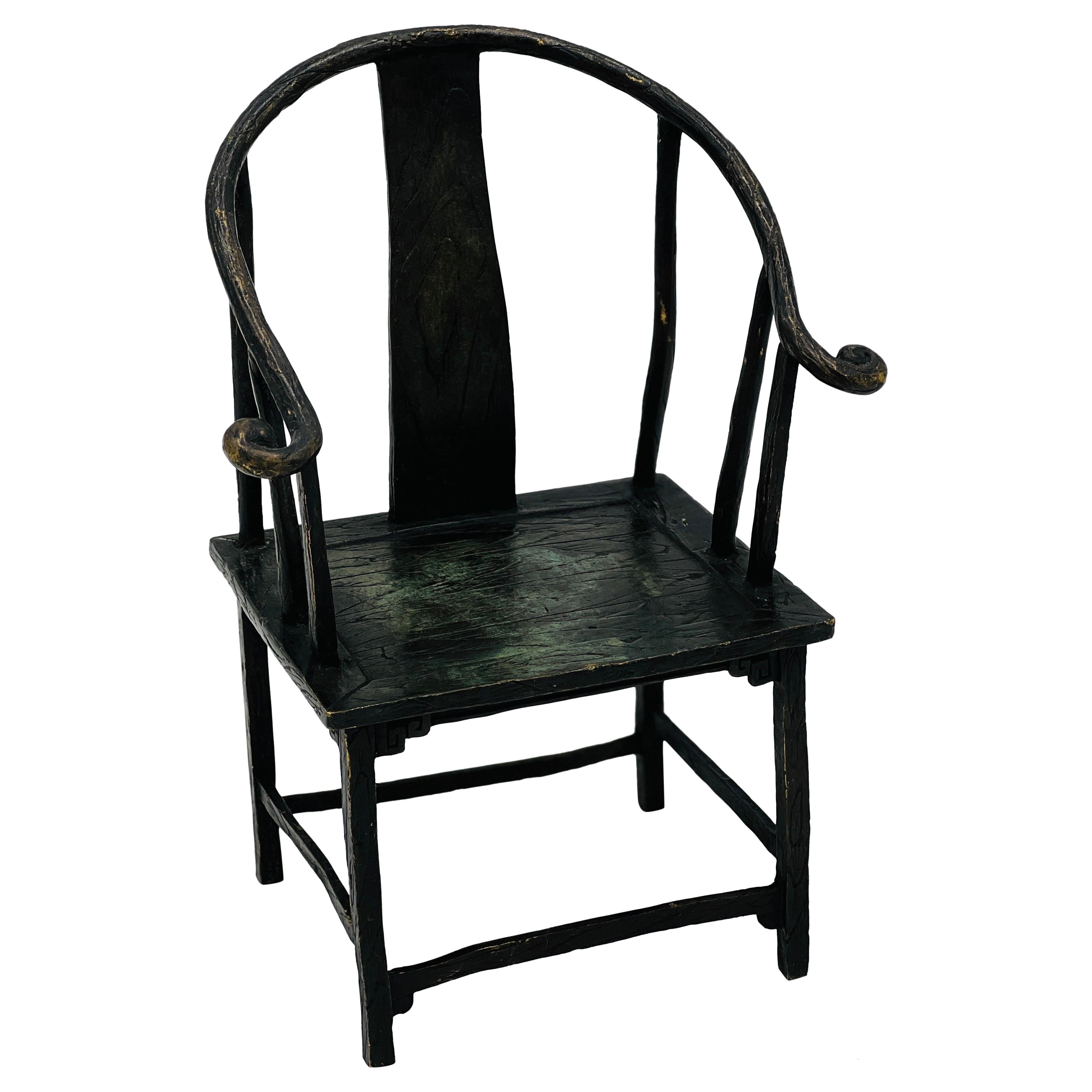 Miniature Chinese Patinated Bronze Horseshoe Display Chair, Signed  For Sale