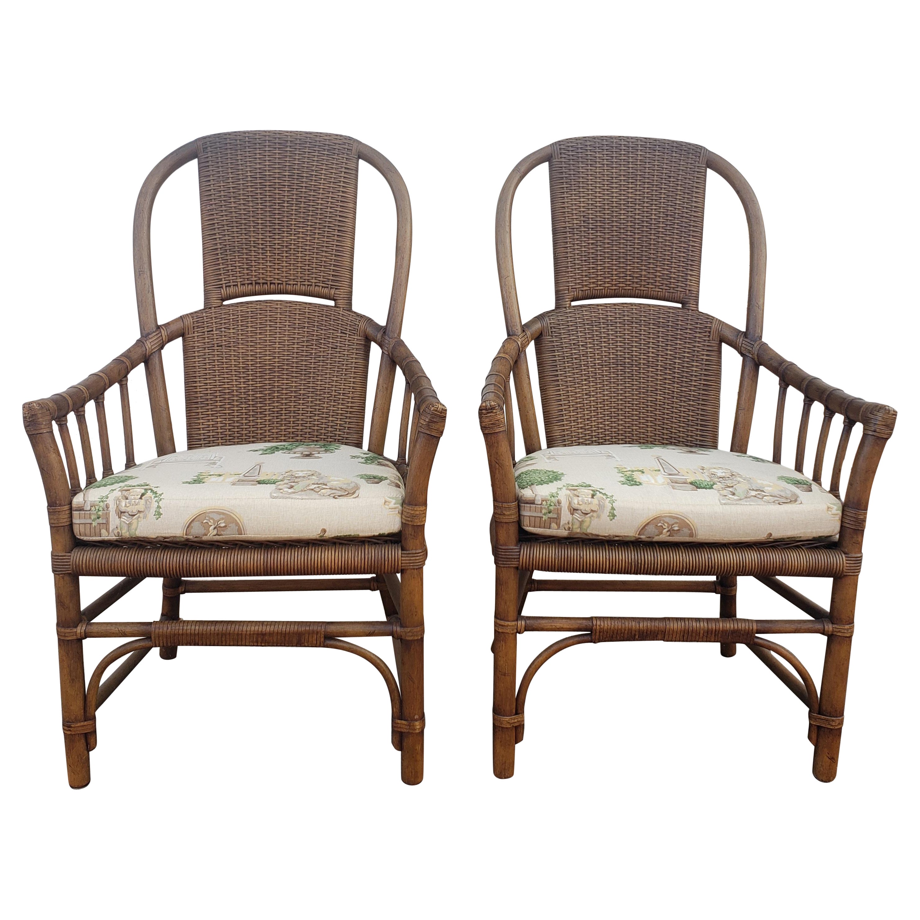 1970s High Hoop Back Rattan and Leather Straps Arm Chairs, a Pair For Sale