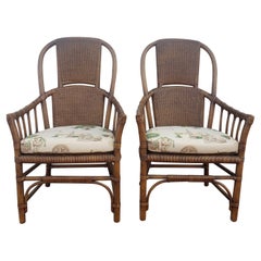 1970s High Hoop Back Rattan and Leather Straps Arm Chairs, a Pair