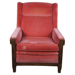 Vintage Midcentury Romweber Viking Oak Red Upholstered Library Club Lounge armchair 