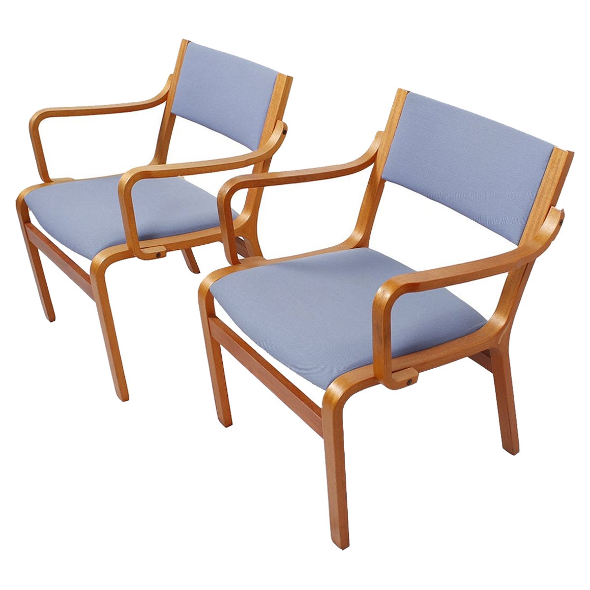 Pair of Bentwood Arm Chairs with Blue Upholstery from Danish Embassy