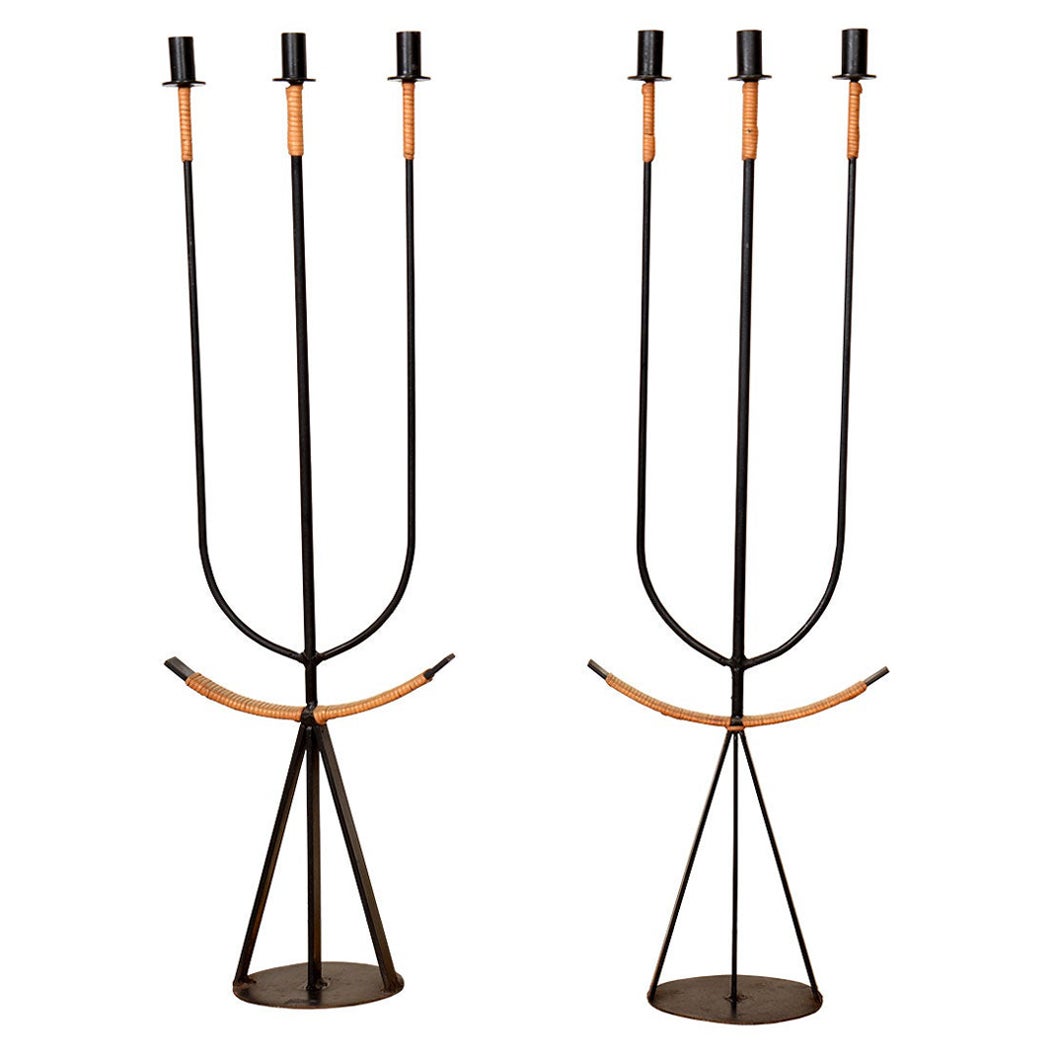 Pair of Hard-to-come-by Wrought Iron+ Rattan Floor Candelabras by Arthur Umanoff
