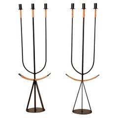 Pair of Hard-to-come-by Wrought Iron+ Rattan Floor Candelabras by Arthur Umanoff